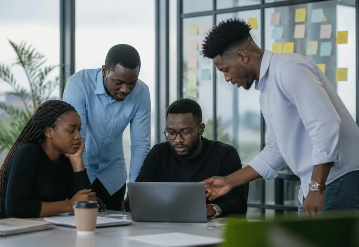 Une équipe africaine collabore autour d'un tableau de projet dans un bureau lumineux